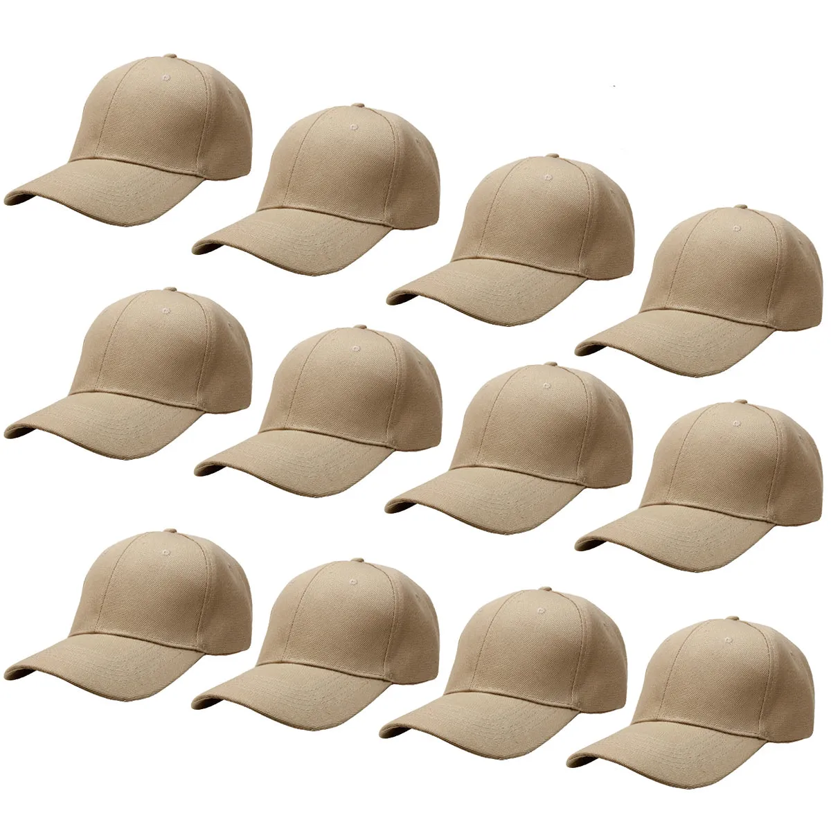 12-Pack Baseball Dad Cap Velcro Strap Adjustable Size - Khaki