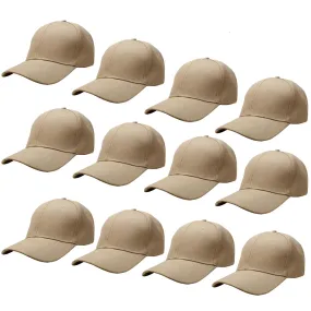 12-Pack Baseball Dad Cap Velcro Strap Adjustable Size - Khaki