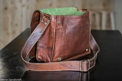 18 inch Leather Full Flap Messenger Handmade Bag Laptop Bag Satchel Bag Padded Messenger Bag School Brown (18x13)