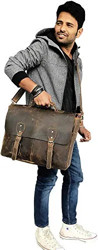 18 Inch Vintage Handmade Leather Messenger Bag for Laptop Briefcase Best Computer Satchel School Distressed Bag (16 inch, Brown)