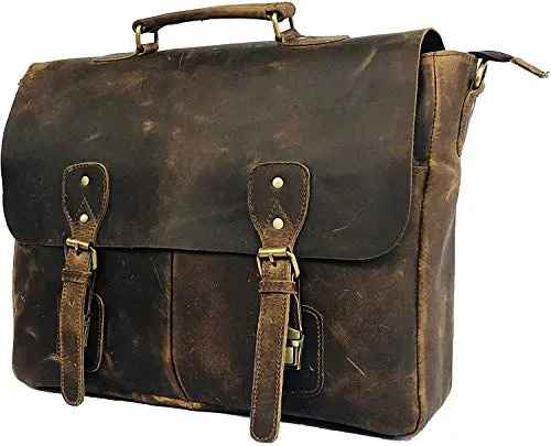 18 Inch Vintage Handmade Leather Messenger Bag for Laptop Briefcase Best Computer Satchel School Distressed Bag (16 inch, Brown)