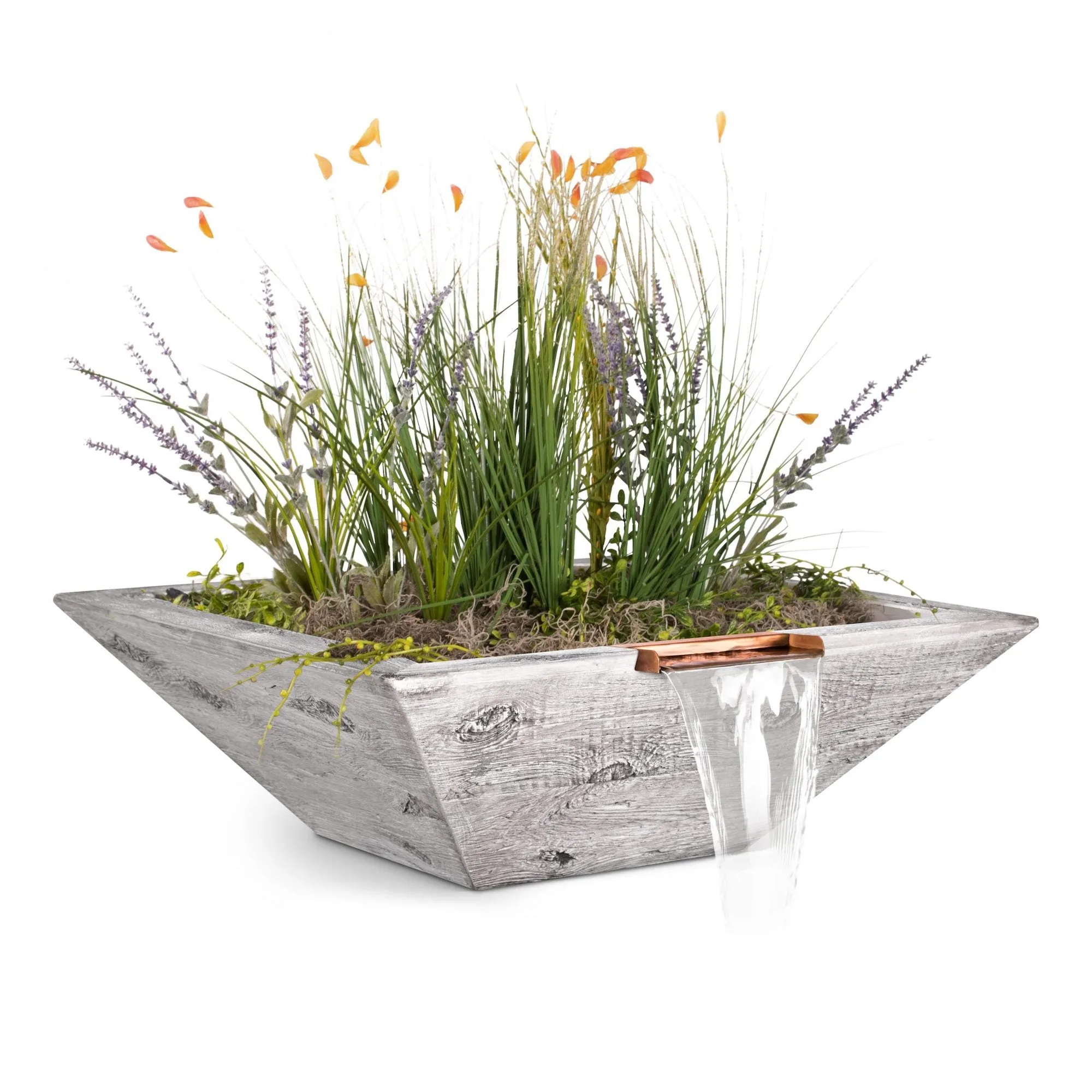 24" Square Maya Planter & Water Bowl - Wood Grain GFRC Concrete - Ebony -