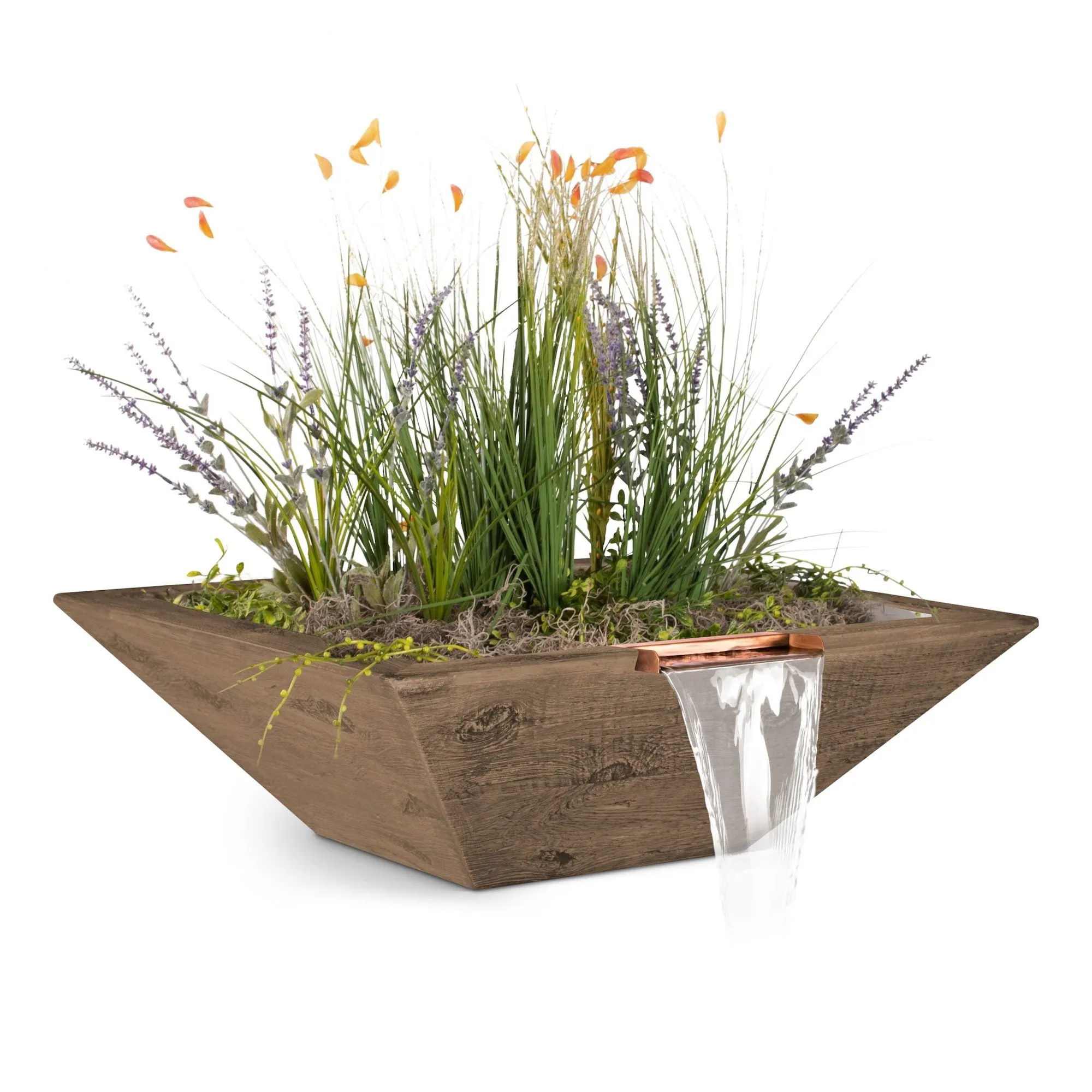 24" Square Maya Planter & Water Bowl - Wood Grain GFRC Concrete - Ebony -