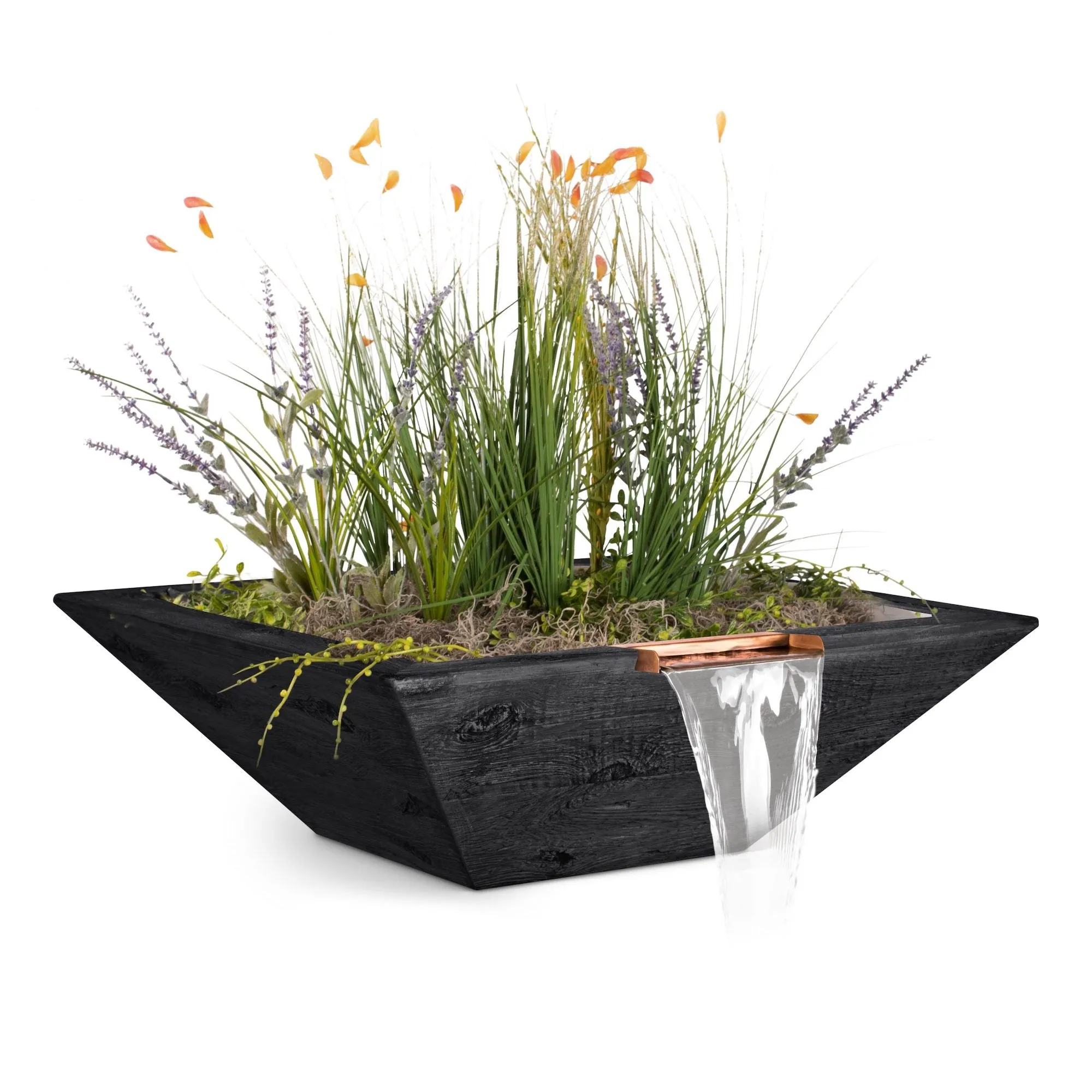 24" Square Maya Planter & Water Bowl - Wood Grain GFRC Concrete - Ebony -