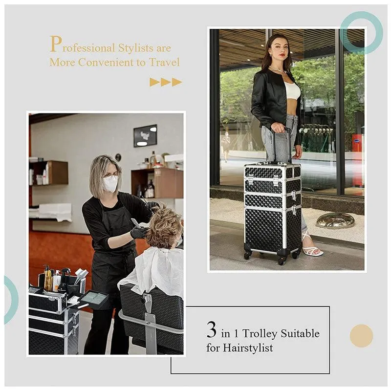 3 In 1 Professional Cosmetics Makeup Rolling Makeup Case -1280 BLACK