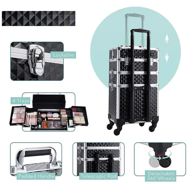 3 In 1 Professional Cosmetics Makeup Rolling Makeup Case -1280 BLACK