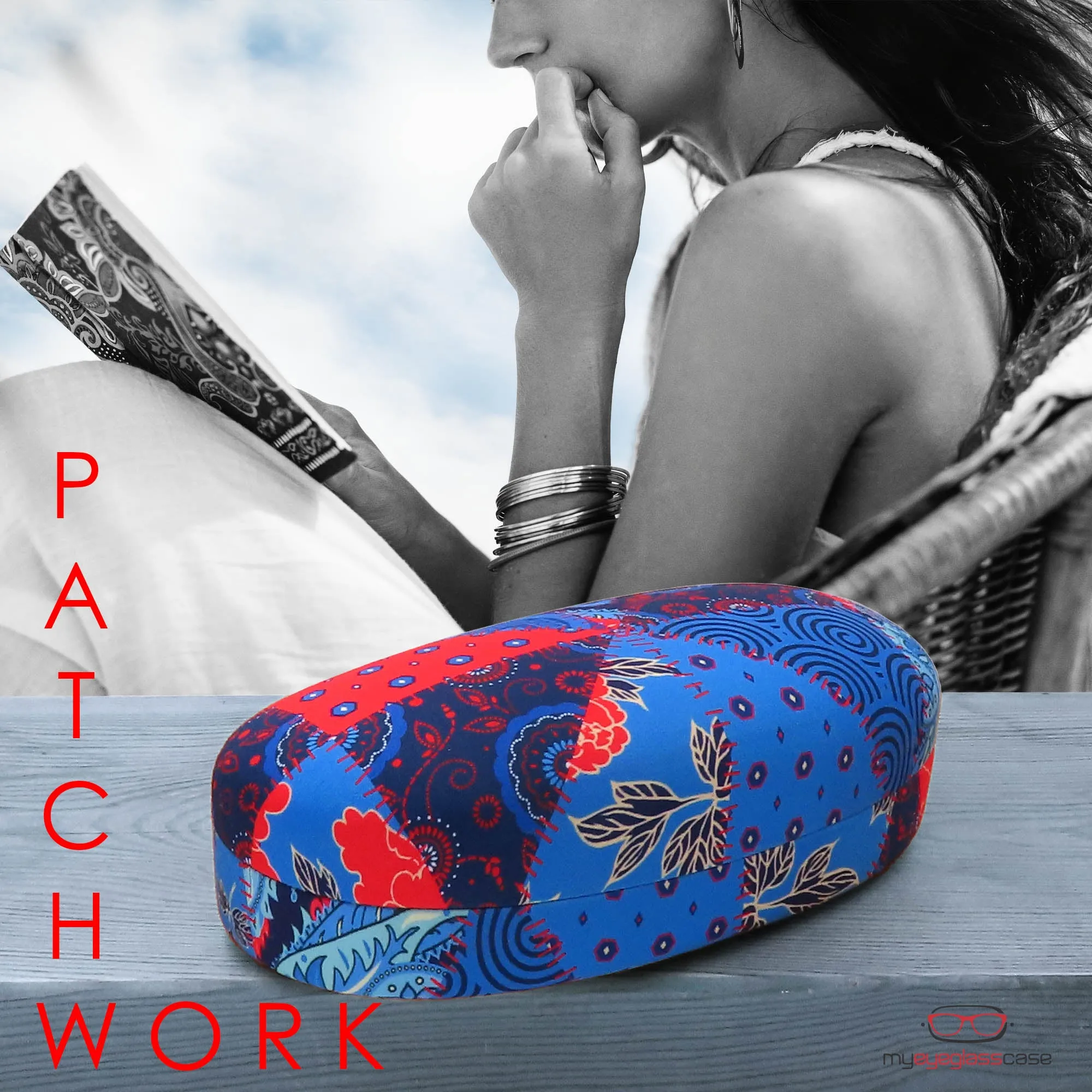 Cushion Sunglasses Case for extra Protection - Hard Glasses Case w/ Pouch & Cloth - Medium & Large frames (AS113 Patchwork)