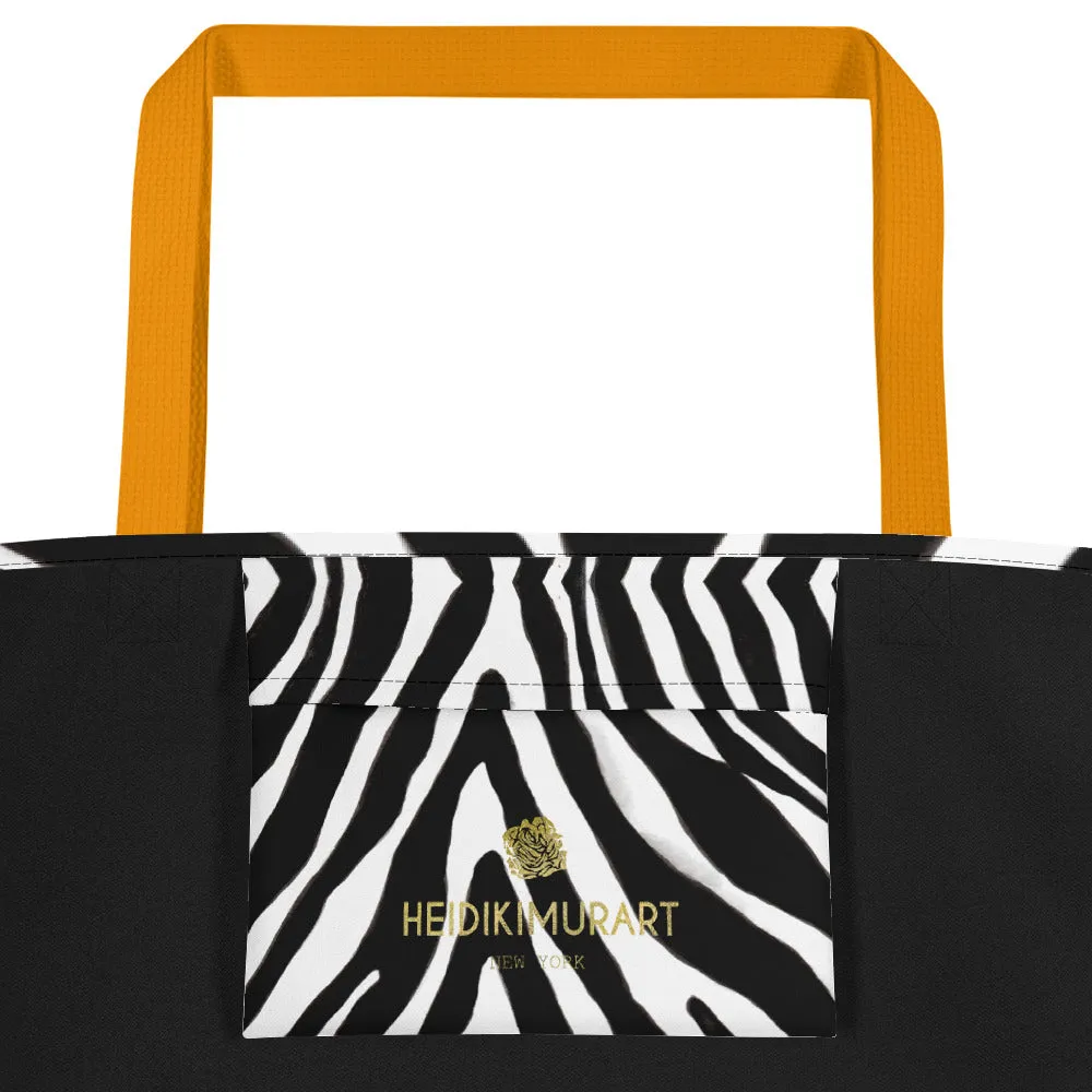 Designer Zebra Tote Bag, Black White Zebra Animal Pattern Print Large Tote 16"x20" Beach Bag- Made in USA/EU