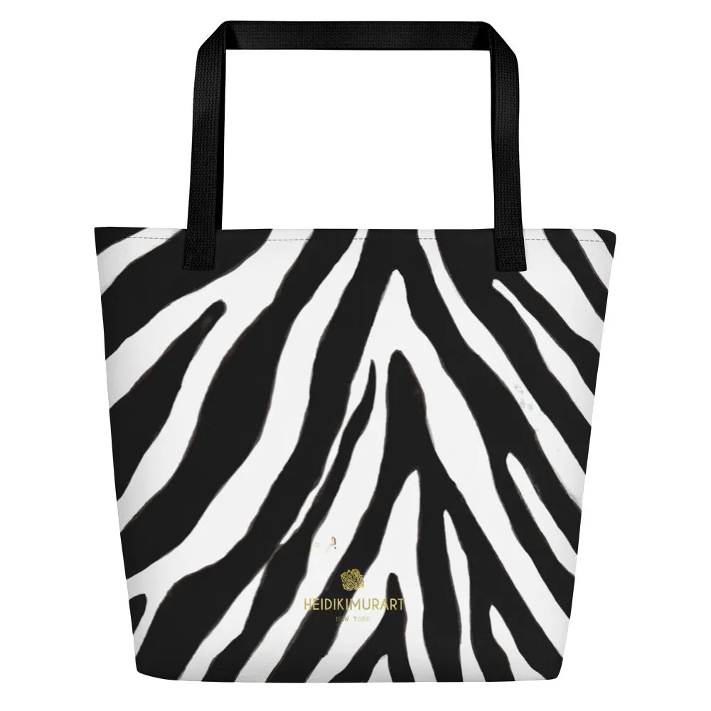 Designer Zebra Tote Bag, Black White Zebra Animal Pattern Print Large Tote 16"x20" Beach Bag- Made in USA/EU