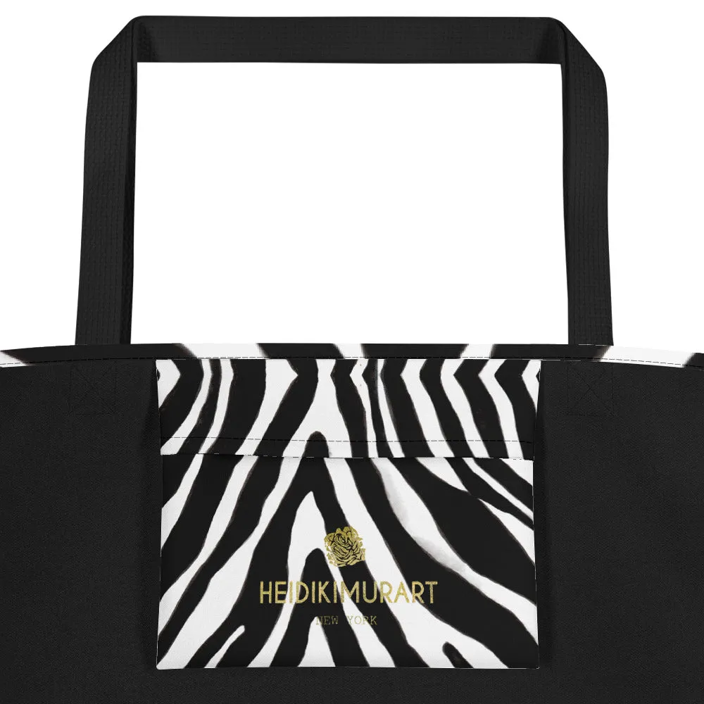 Designer Zebra Tote Bag, Black White Zebra Animal Pattern Print Large Tote 16"x20" Beach Bag- Made in USA/EU