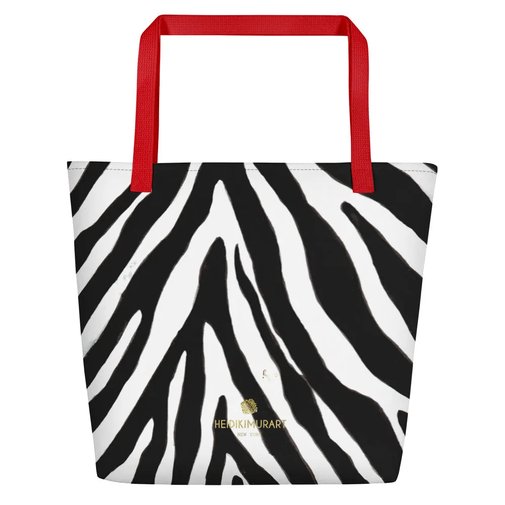 Designer Zebra Tote Bag, Black White Zebra Animal Pattern Print Large Tote 16"x20" Beach Bag- Made in USA/EU