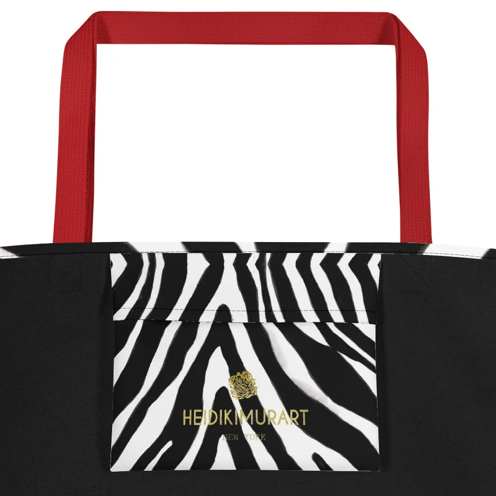 Designer Zebra Tote Bag, Black White Zebra Animal Pattern Print Large Tote 16"x20" Beach Bag- Made in USA/EU