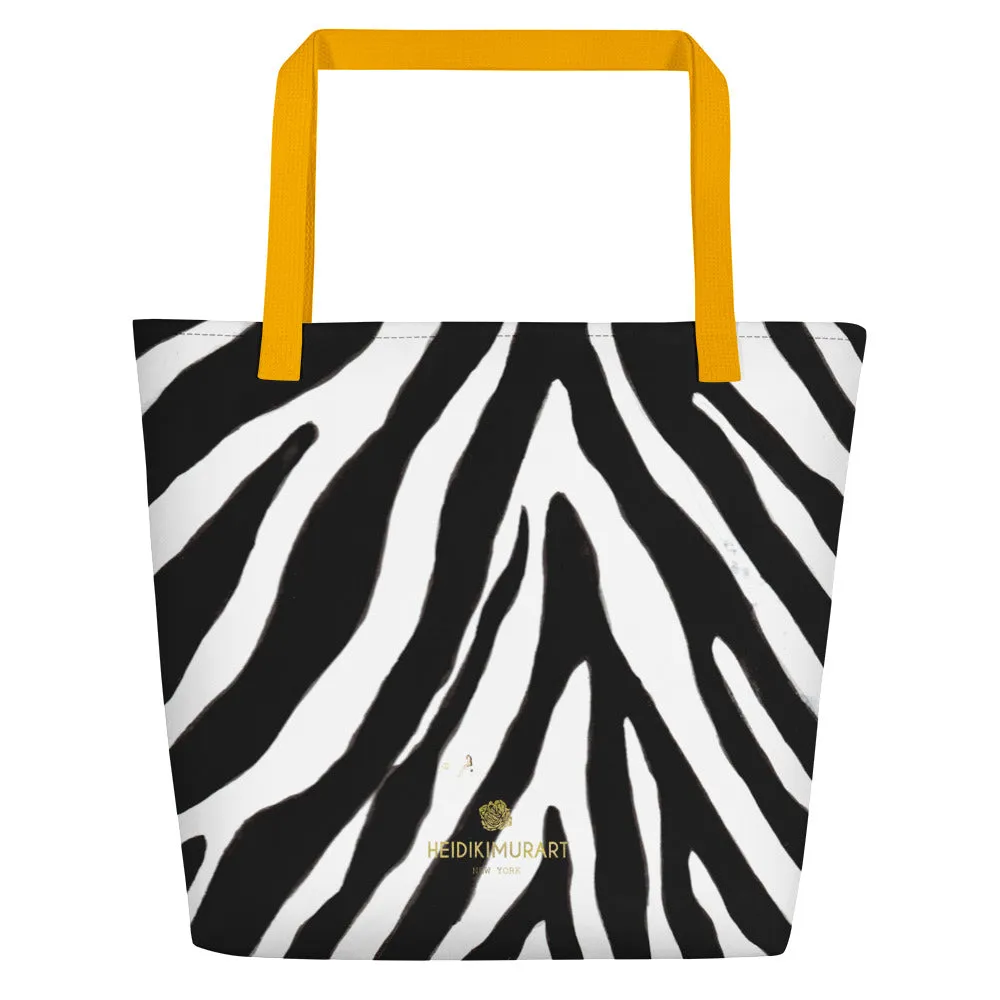 Designer Zebra Tote Bag, Black White Zebra Animal Pattern Print Large Tote 16"x20" Beach Bag- Made in USA/EU