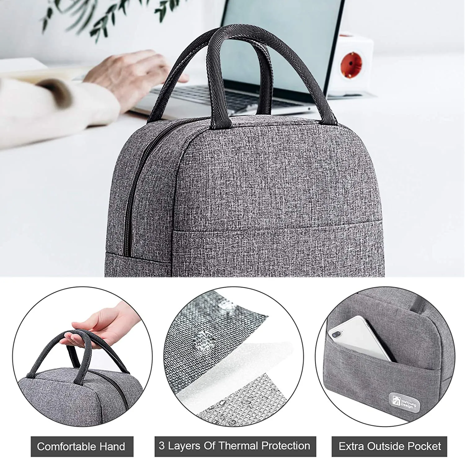 Lunch Bag Box for Women Men, RONIXIL Insulated Tote container with Phone Holder Pocket, Waterproof Lunch Cooler Holder for School Work Picnic Office Beach (Dark Blue)