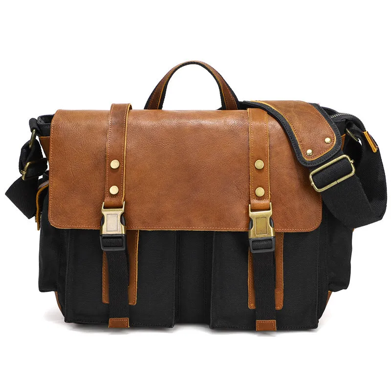 Mens Waxed Canvas Briefcase with Top-Grain Leather