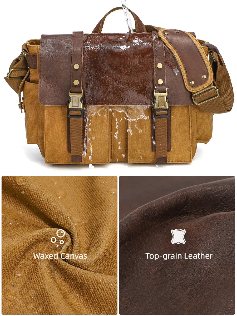 Mens Waxed Canvas Briefcase with Top-Grain Leather