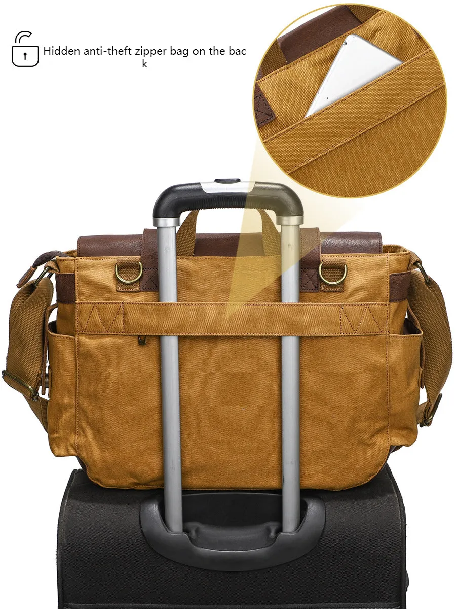 Mens Waxed Canvas Briefcase with Top-Grain Leather