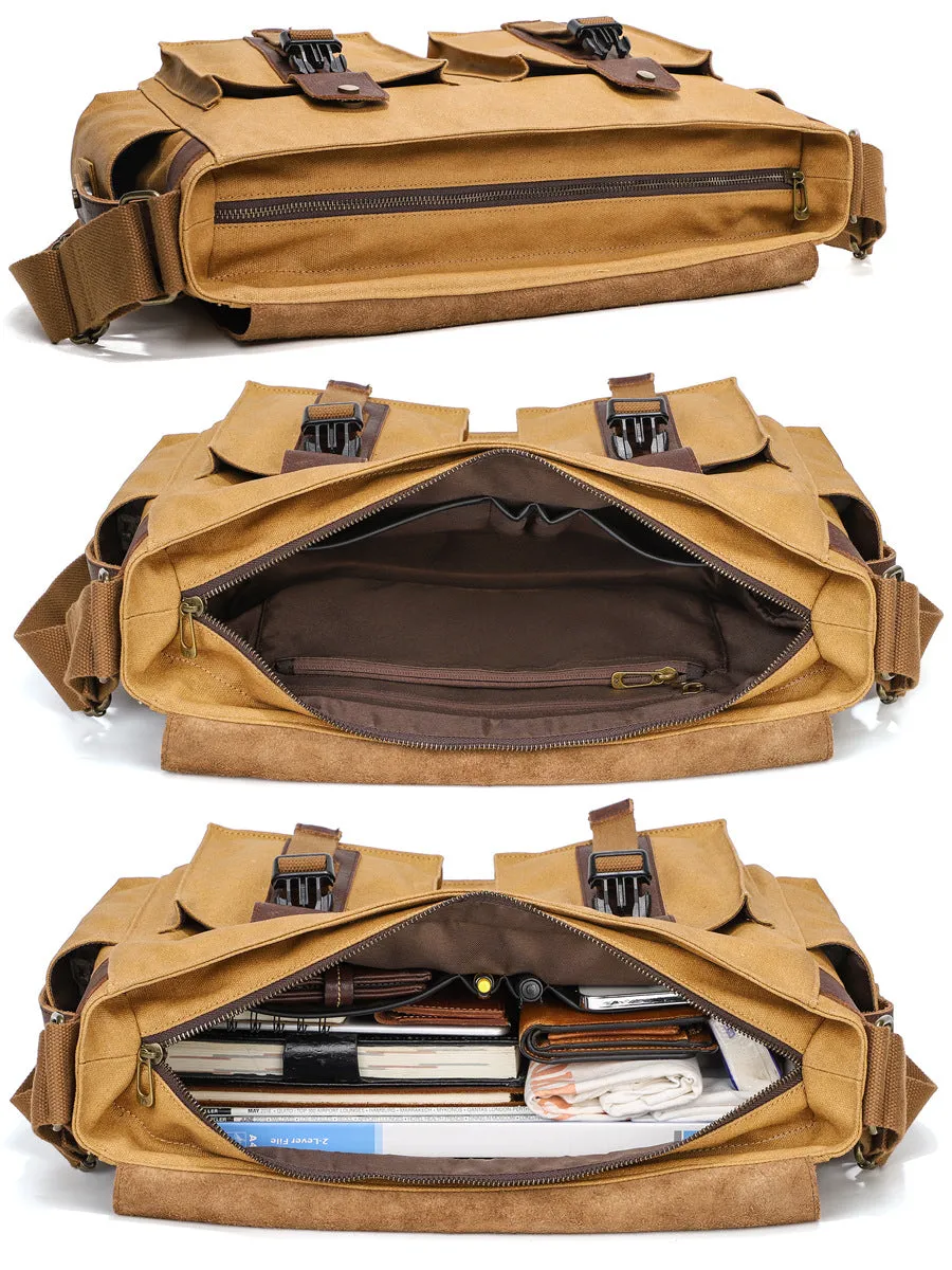 Mens Waxed Canvas Briefcase with Top-Grain Leather
