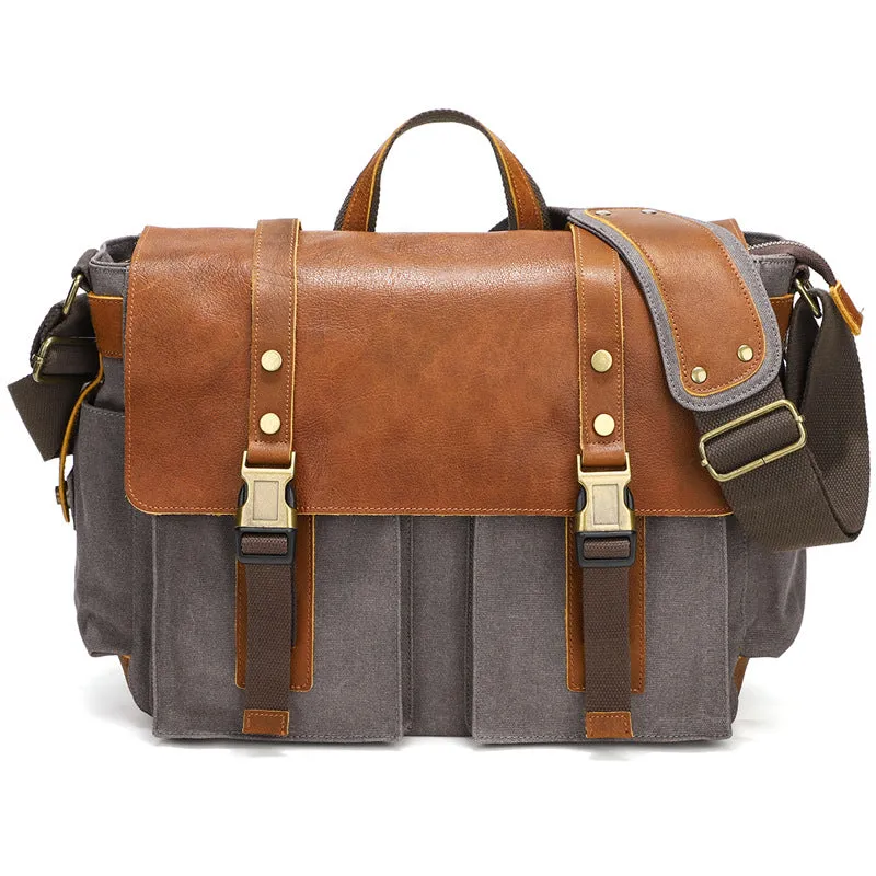 Mens Waxed Canvas Briefcase with Top-Grain Leather