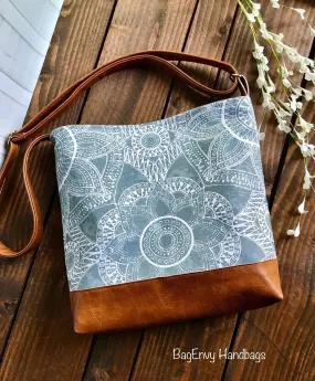 Messenger Slouchy Tote - Kaleidoscope Floral in Grey with Vegan Leather - Adjustable Strap