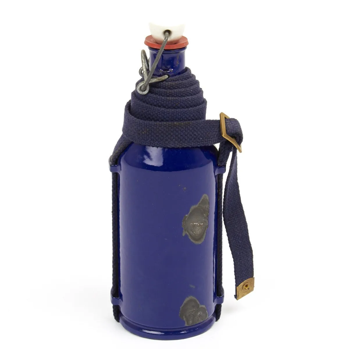 Original Dutch WWII Military Blue Enamel Water Bottle with Carry Strap