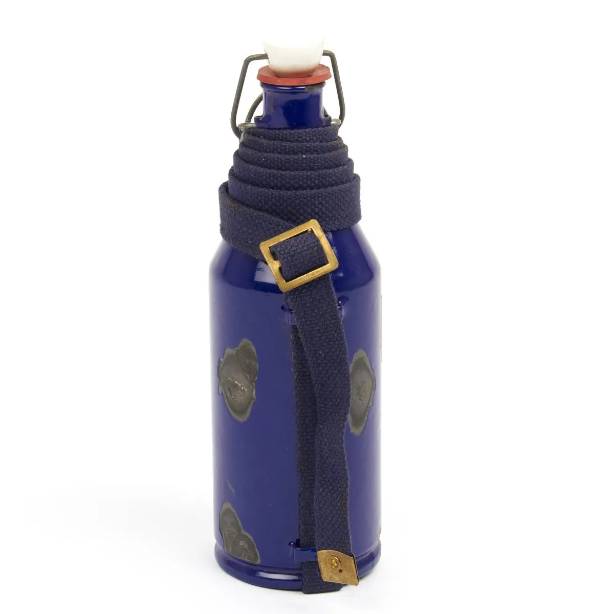 Original Dutch WWII Military Blue Enamel Water Bottle with Carry Strap