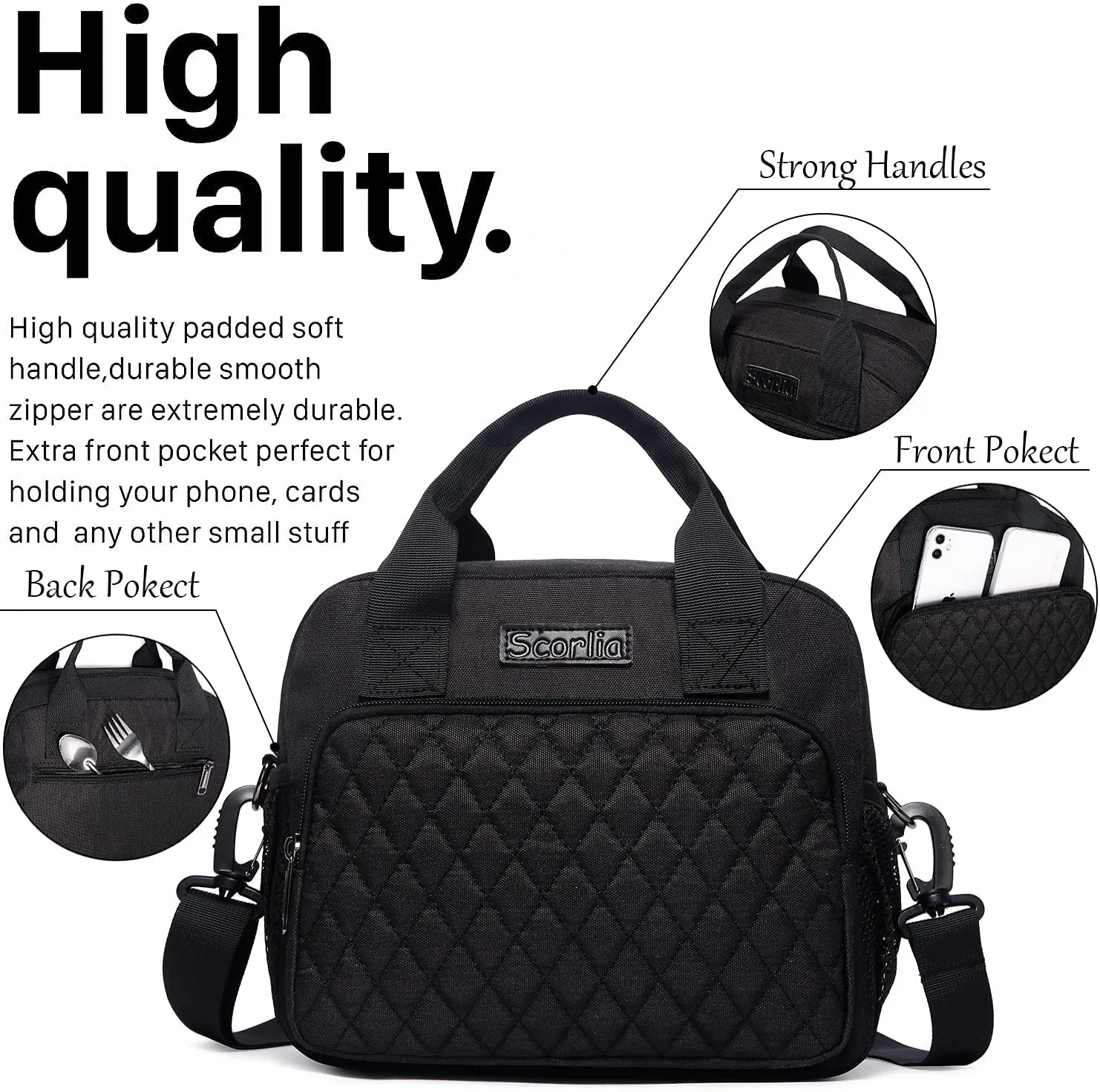 Scorlia Insulated Lunch Bag for Women/ Men, Reusable Lunch Cooler Box Lunch Tote, Thermal Meal Prep Lunch Organizer with Adjustable Shoulder Strap and Side Pockets for Kid/Adult, School, Work, Purple