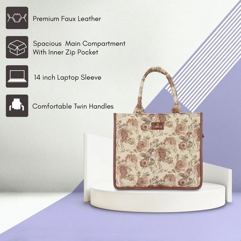 THE CLOWNFISH Ambrosia Series Tapestry Fabric 14 inch Laptop Bag Handbag For Women Box Bag Tote Office Bag (Brown-Floral)