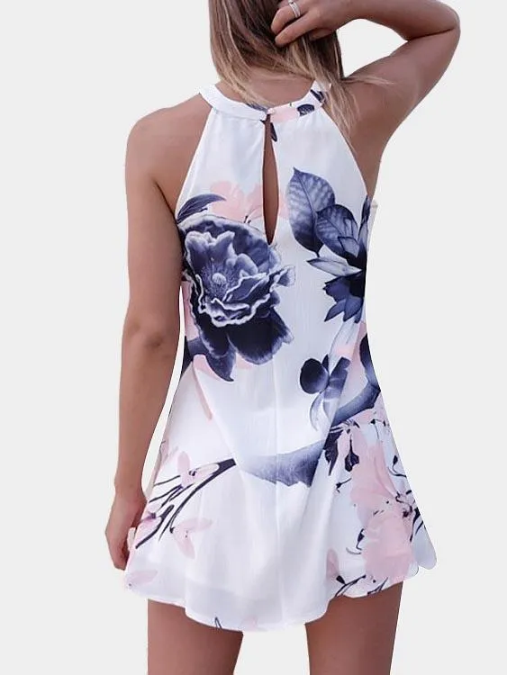 Wholesale Halter Sleeveless Floral Print Mini Dresses