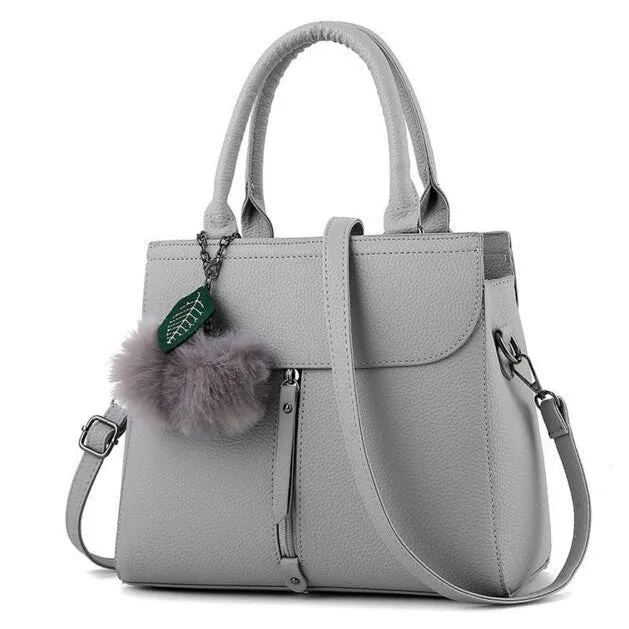 Women Tote Messenger Cross-Body Faux-Leather Bag with Fur and Leaf Shaped Tassels